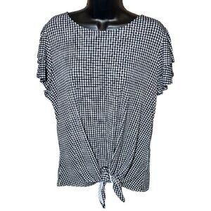 Adrianna Papell Women's Blue & White Gingham Tie-Front Ruffle Short Sleeve Top